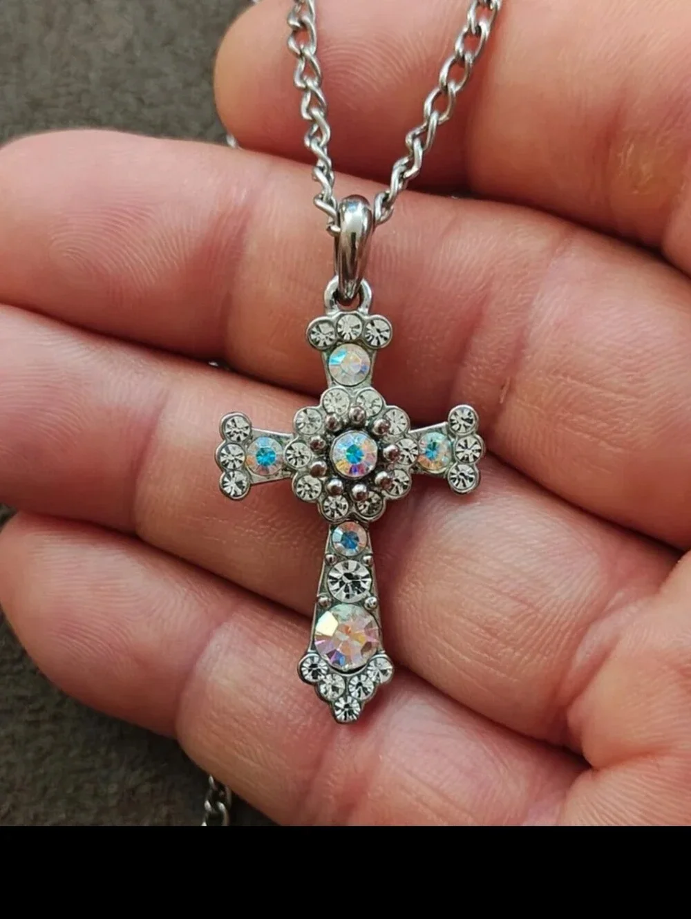 1990s Filigree With Aurora Borealis Rhinestones Silver Tone Cross Necklace